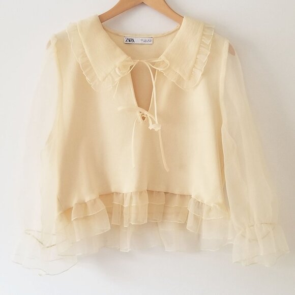 Zara Peterpan Collar Sheer Organza Combination Knit Sweater L Cream Ivory Ruffle - Picture 7 of 16